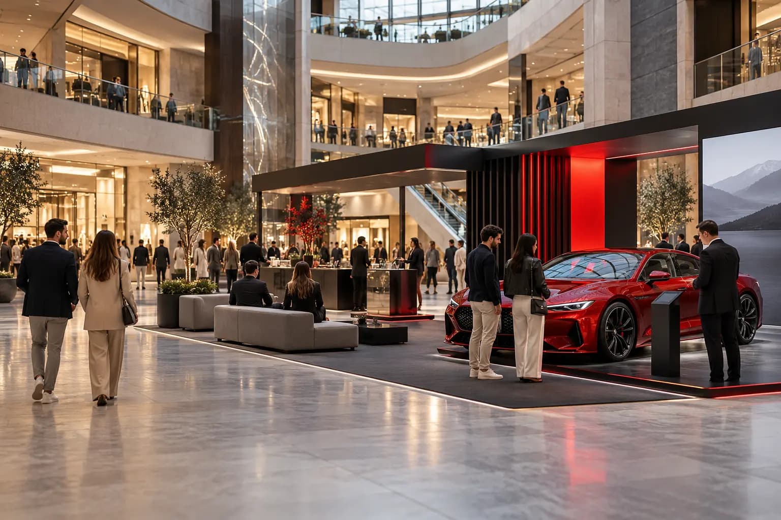 A car display and promotional stand in a modern shopping centre