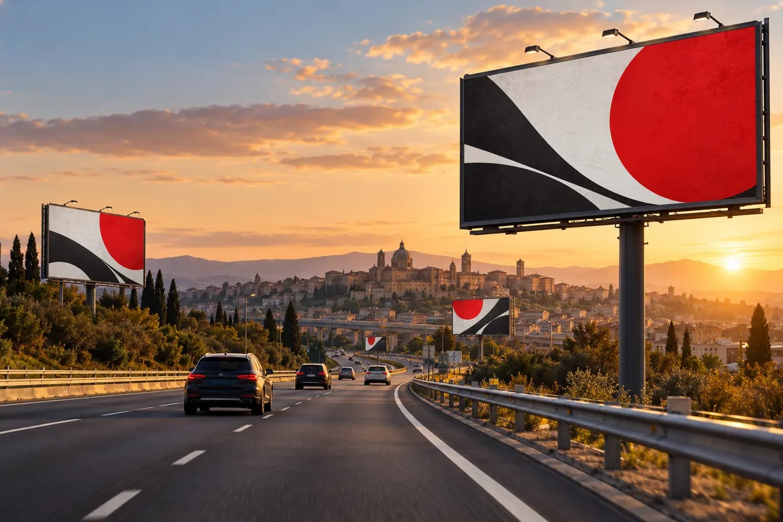 A coordinated network of advertising billboards along an Italian road