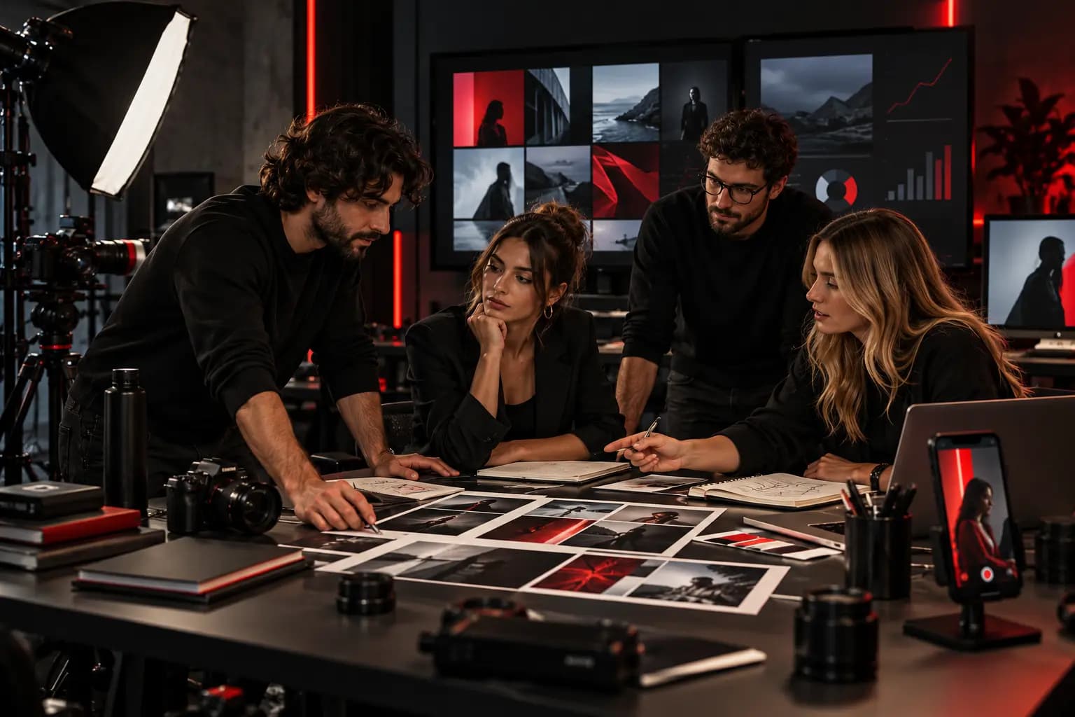 Creative team reviewing content and results from a social media campaign
