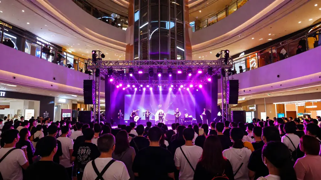 Spettacolo dal vivo in un centro commerciale con palco, luci e pubblico