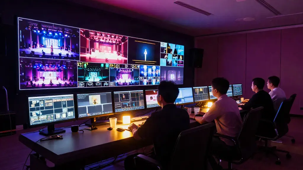 Sala di regia audiovisiva con operatori e monitor dedicati alla gestione integrata di eventi e contenuti